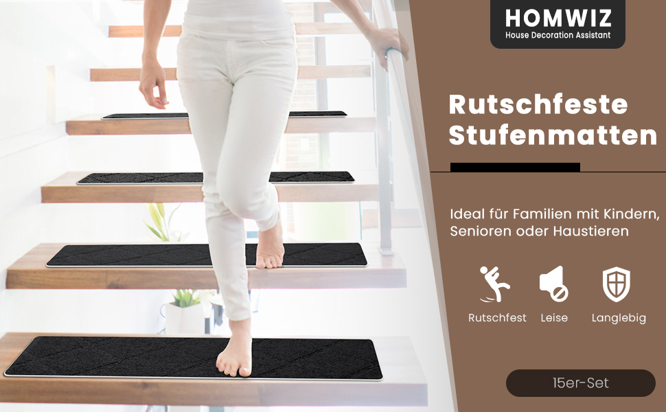 Килимок для сходів, 15 шт., самоклеючий, антиковзкий, для дому, можна різати, багаторазовий, захист від ковзання для дітей, домашніх тварин та літніх людей (55х19 см, 65х20 см, чорний)