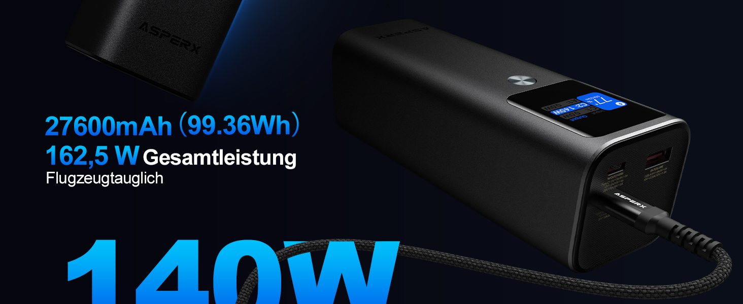 Power Bank AsperX 20000mAh, 165W, USB-C Кабель, для MacBook, Dell, HP, Lenovo, iPad, iPhone, Galaxy