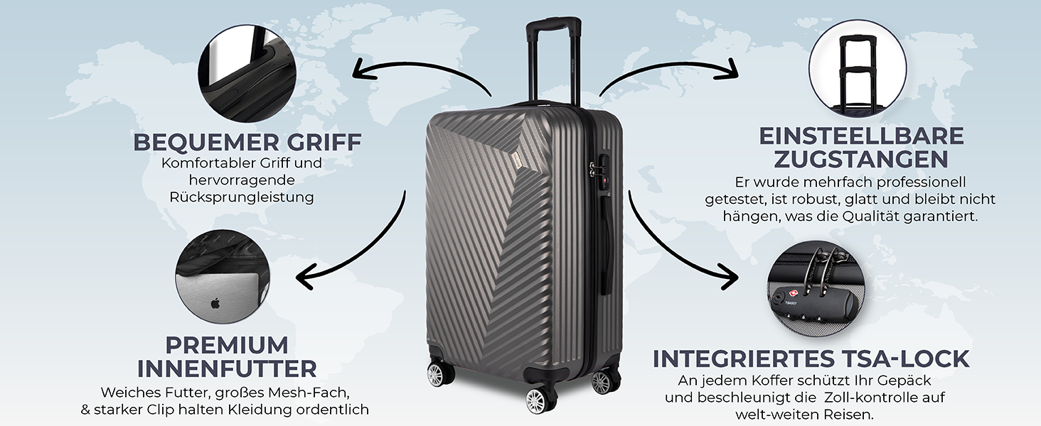 Набір валіз xRace 3 шт. ABS, 20/24/28 дюймів, ручна поклажа, TSA замок, 360° колеса, стійкий до ударів, преміум підкладка (темно-сірий)