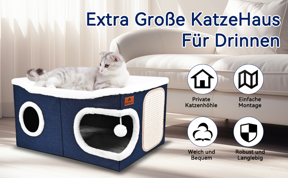 Кігтеточка-будиночок для котів з подушкою, блакитна, 60x43x32 см