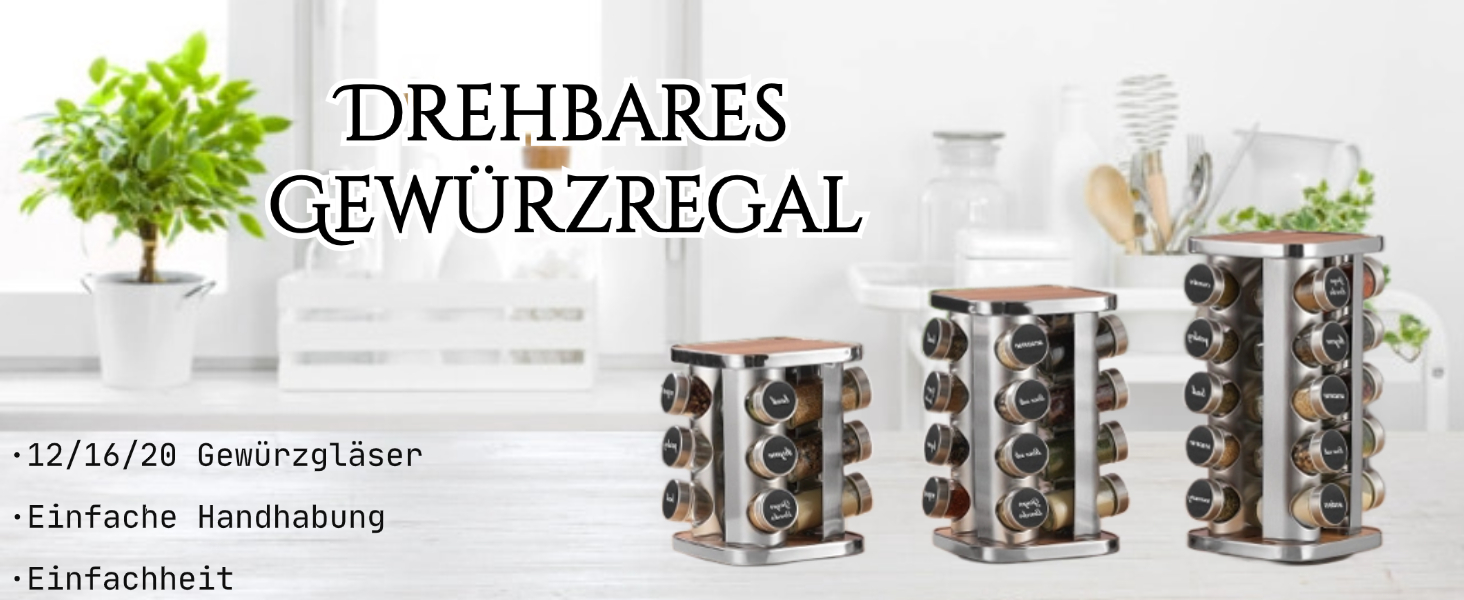FRIBERG Spice Rack with 20 Spice Jars, Round, 100ml, 360° Swivel Stainless Steel Spice Carousel, Standing Spice Rack with Funnel, Label, Pen, and Cleaning Brush