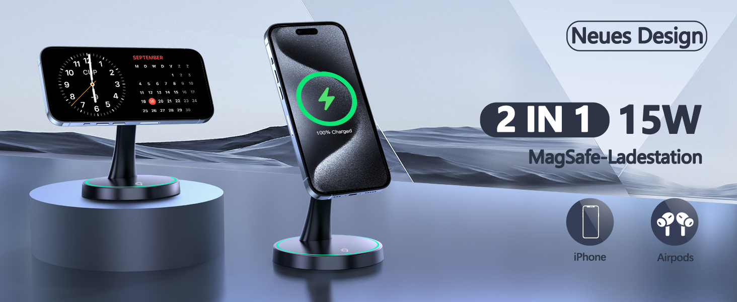 Зарядний пристрій Induktive OANDYS 2-в-1 з підтримкою MagSafe, 15W, для iPhone 17/16/15/14/13/12 та AirPods, бездротовий, з нічним світлом