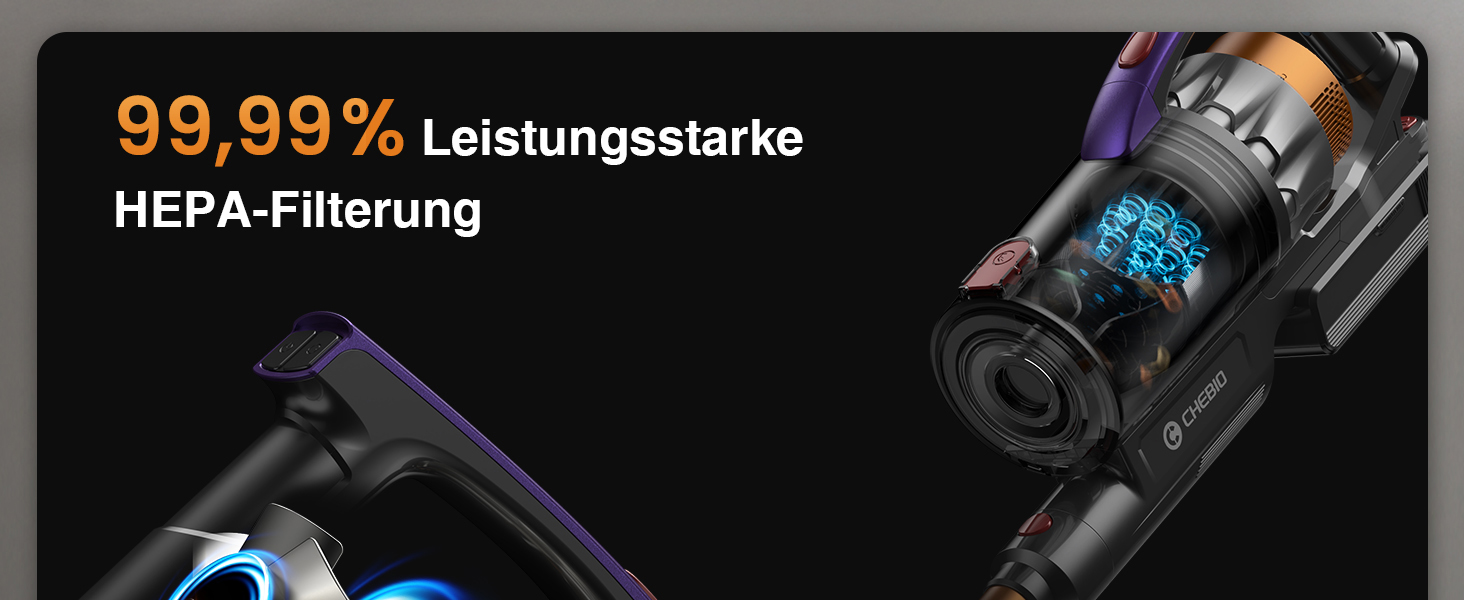 Бездротовий акумуляторний пилосос CHEBIO 580W з LED-дисплеєм, антизаплутувальною насадкою та потужністю 48000Pa. Підходить для прибирання підлоги, килима та шерсті тварин.