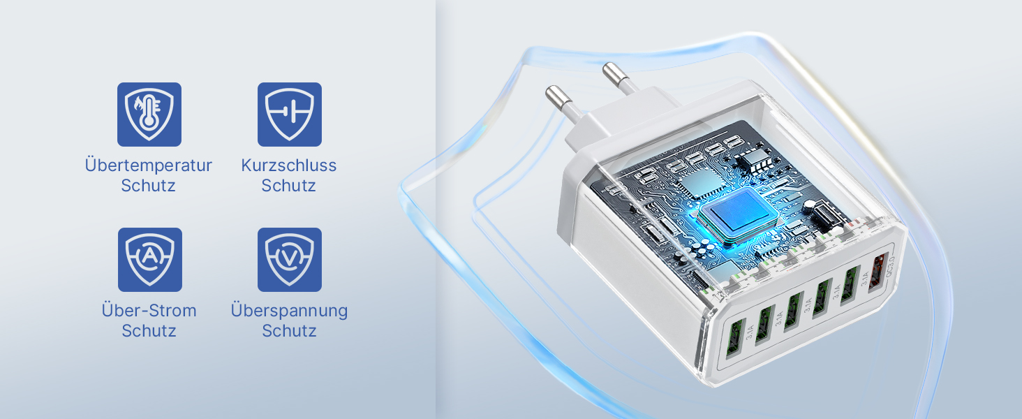 Зарядний пристрій USB 6-портовий, 33W, адаптер з QC 3.0, зарядний пристрій з декількома USB, мережевий адаптер для iPhone 16 15 14 13 12 11 Pro Max, iPad, смартфонів, білий