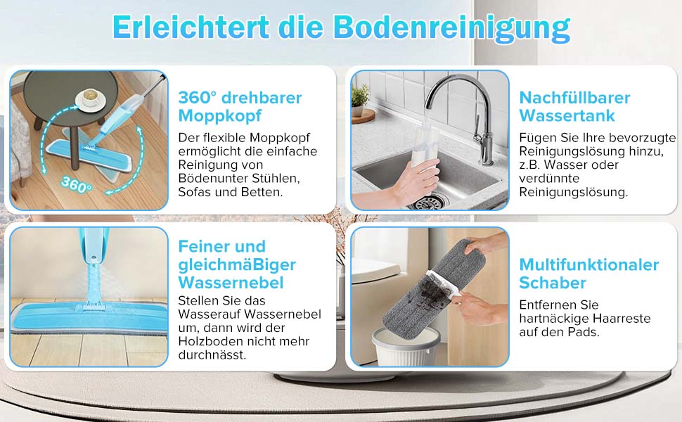 Віскер з функцією розпилення Homgif, 360° обертання, з баком для води 420 мл, 3 мікрофібрових насадки, для всіх типів підлоги (червоний, синій)
