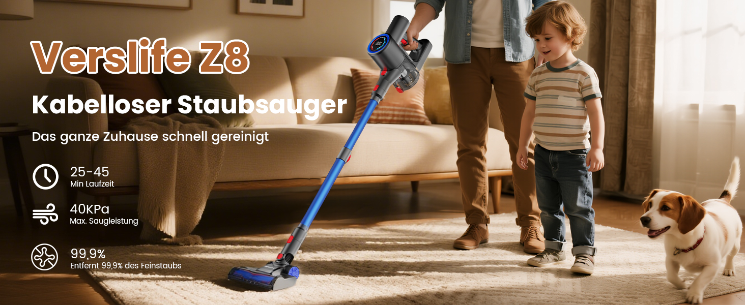 Версліф: Бездротовий акумуляторний пилосос 500W, 45 хв роботи, 40kPa, з LED-дисплеєм, для дому, авто, прибирання шерсті тварин, синій