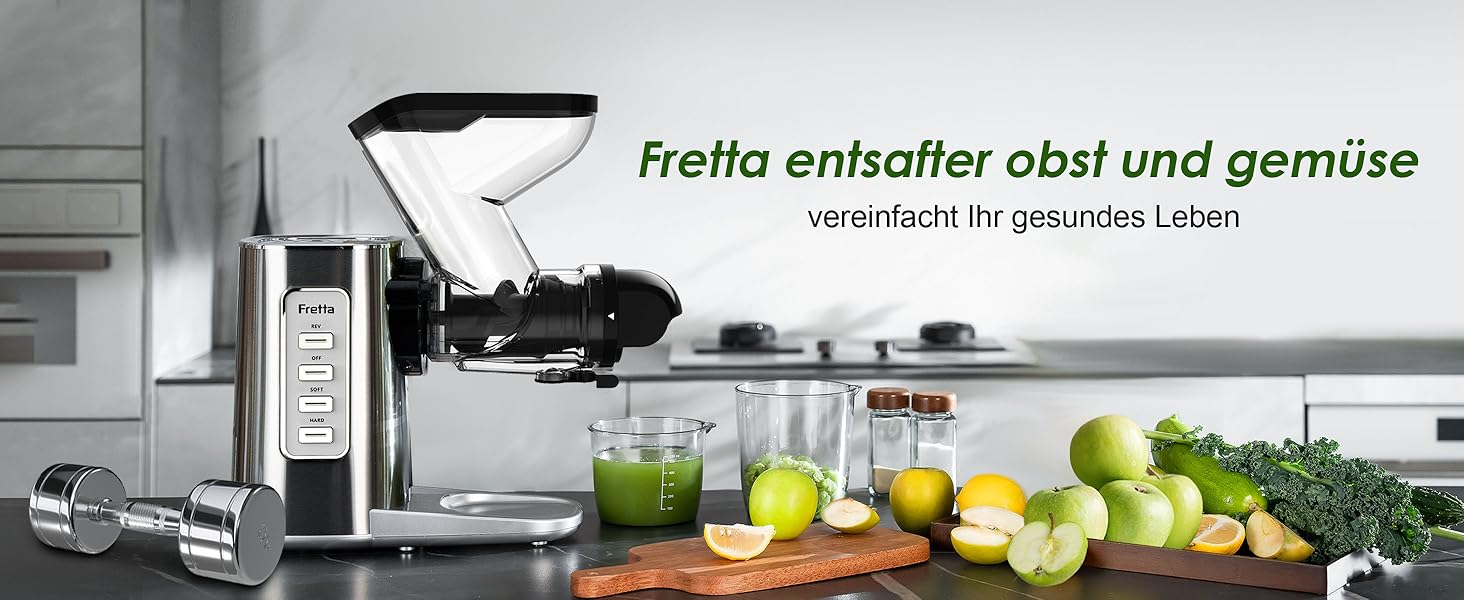 Електричний соковитискач Fretta Slow Juicer з нержавіючої сталі, 200W, Cold Press, велика завантажувальна горловина 76 мм, висока сафровидача, легке очищення, без BPA