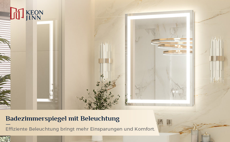 Дзеркало для ванної кімнати Keonjinn з підсвічуванням, чорний металевий каркас 60x80 см, LED, антизапар, сенсорне керування, 3 кольори світла, регулювання яскравості, пам'ять, настінне дзеркало