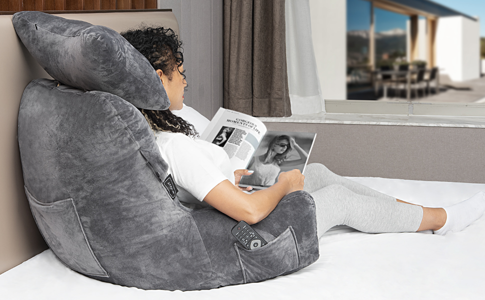 Підкова для читання з регульованою підтримкою шиї та спини - сірого кольору. Підходить для читання, перегляду телевізора в ліжку, на дивані чи на підлозі.