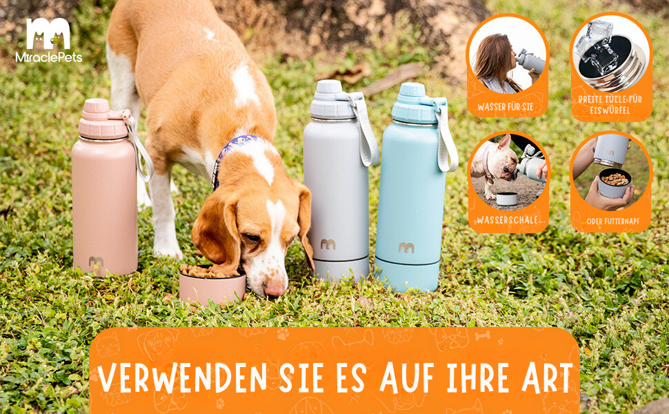 Фляга для собак Miracle Pets: 1 л, нержавіюча сталь, BPA-free, з мийкою, для подорожей