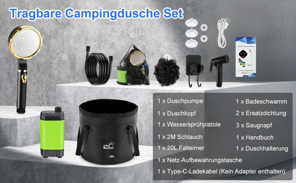 Портативна душова система Anesty для кемпінгу: насос, бак 20л, душова лійка, аксесуари для відпочинку на природі, автомийки та догляду за тваринами