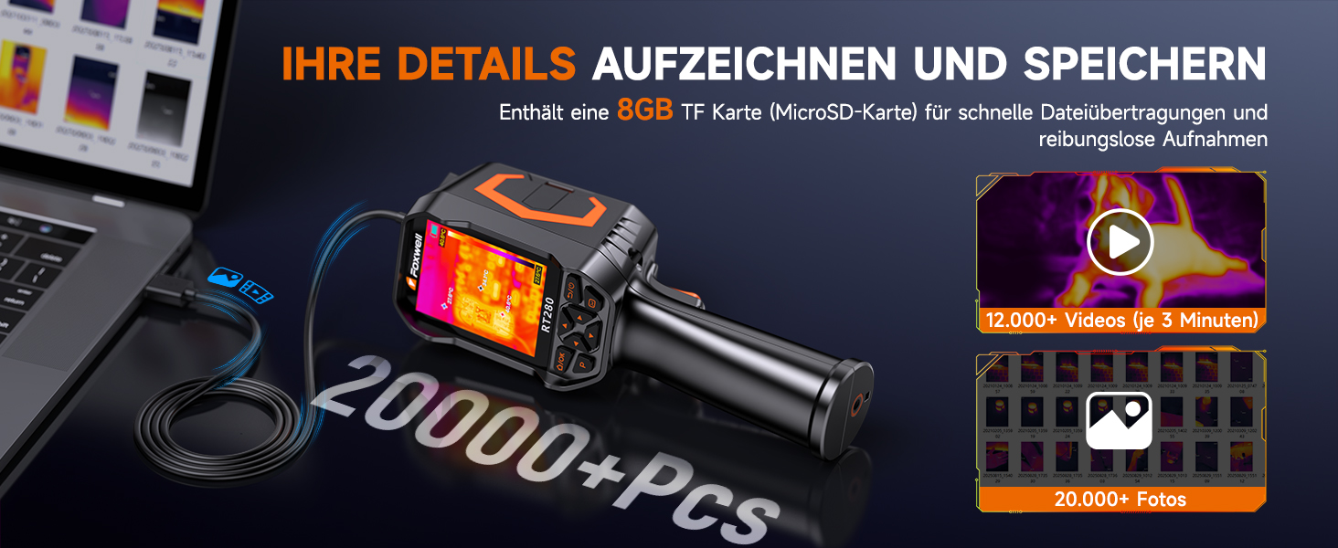 Тепловізор FOXWELL RT280: Портативна інфрачервона камера з LCD-екраном 2.8', роздільна здатність 320x240, діапазон температур -20°C до 550°C, 8GB пам'яті, функція PC-аналізу та відеозапису