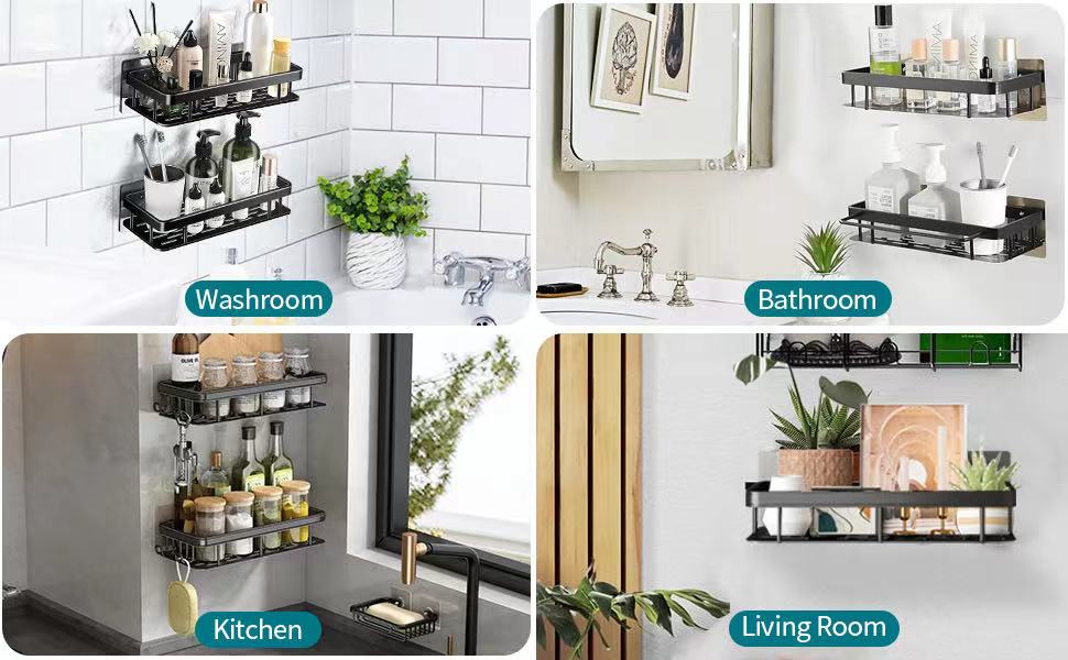 Полка для душу без свердління, 2 шт. Алюмінієва полиця для душу, нержавіюча сталь, кошик для душу з 6 клейкими поверхнями та 4 гачками, чорний колір. Підходить для ванної кімнати, кухні.