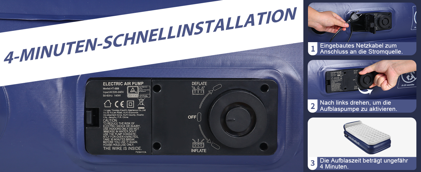 Надувна матрац KMZ з електричним насосом, подвійна висота, для дому, подорожей та кемпінгу. Міцна надувна ліжко - односпальна