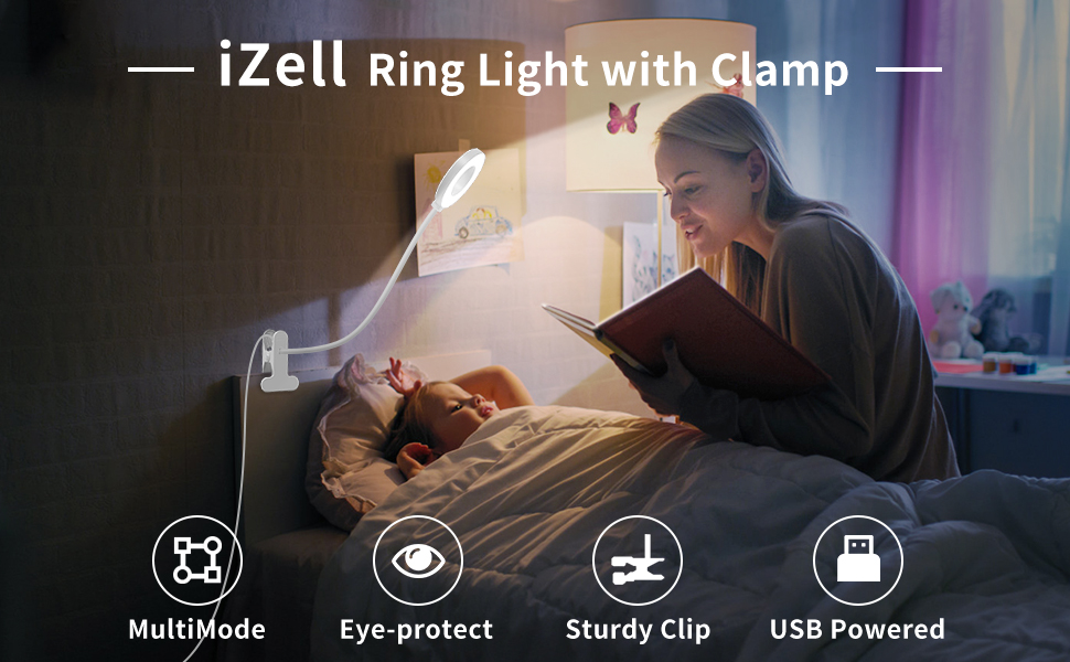 iZELL LED лампа для читання з гнучким 40см штангою, диммер, 3 режими, 10 рівнів яскравості, USB-зарядка, для читання та роботи