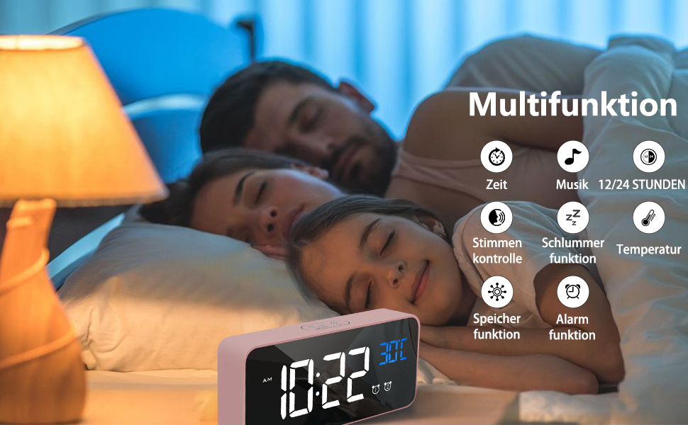 Будильник HOMVILLA Digital з великим LED-дисплеєм температури, двома будильниками, функцією відкладання, регулюванням яскравості та 10 мелодіями для спальні (рожевий)