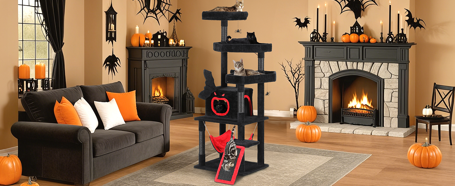 Кігтеточка YITAHOME Готичний XL, 160 см, велика та стійка, з 4 колонами з сизалю, 1 дощечкою для шліфування, гамаком, 2 підвісними кулями-павуками, платформами для сну, чорна, 48 x 60 x 160 см