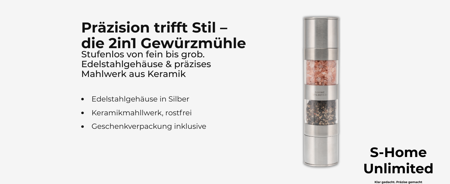 Мельниця для солі та перцю 2-в-1 з нержавіючої сталі | Ручна мельниця для спецій з керамічним жорном та регульованим ступенем помелу