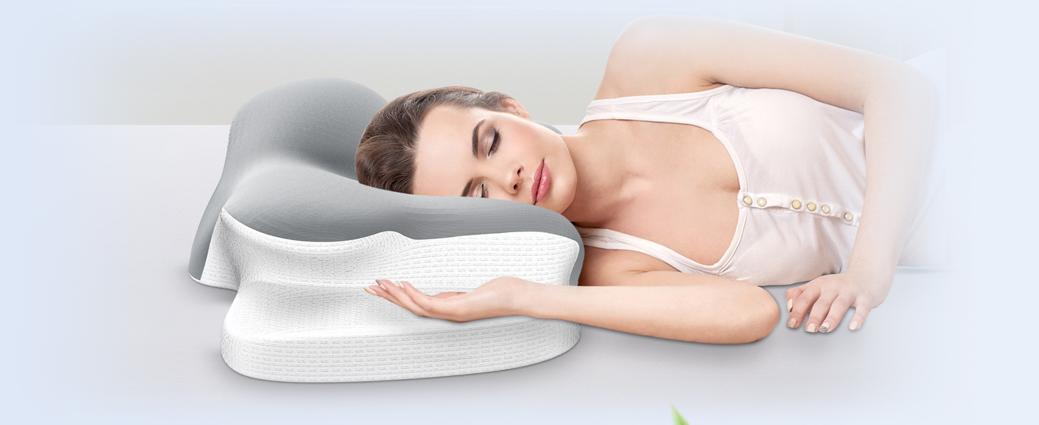 Подушка для шиї Ehomfory з піною з пам'яті, дихаюча, ергономічна, для сну на боці, спині та животі (срібна)
