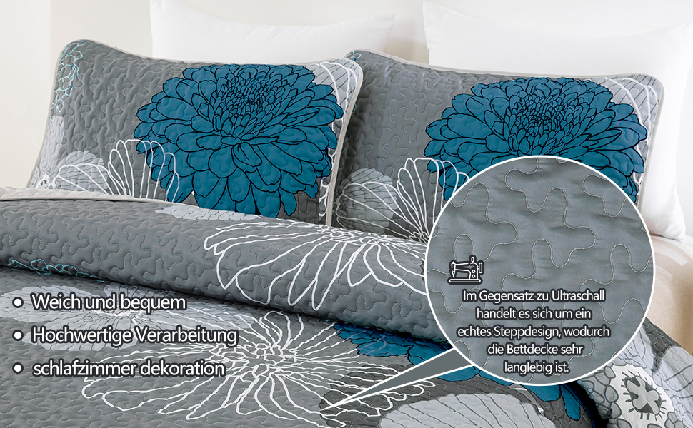 Tagesdecke WONGS BEDDING 220x240 см з квітами: тепла літня ковдра для двоспального ліжка з мікрофібри та 2 наволочками 48x75 см