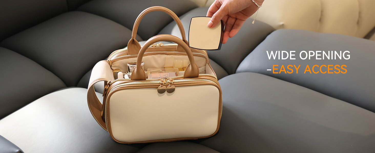 Косметичка для макіяжу Prite з великою місткістю, водонепроникна, з ручкою та кількома відділеннями, бежево-коричнева