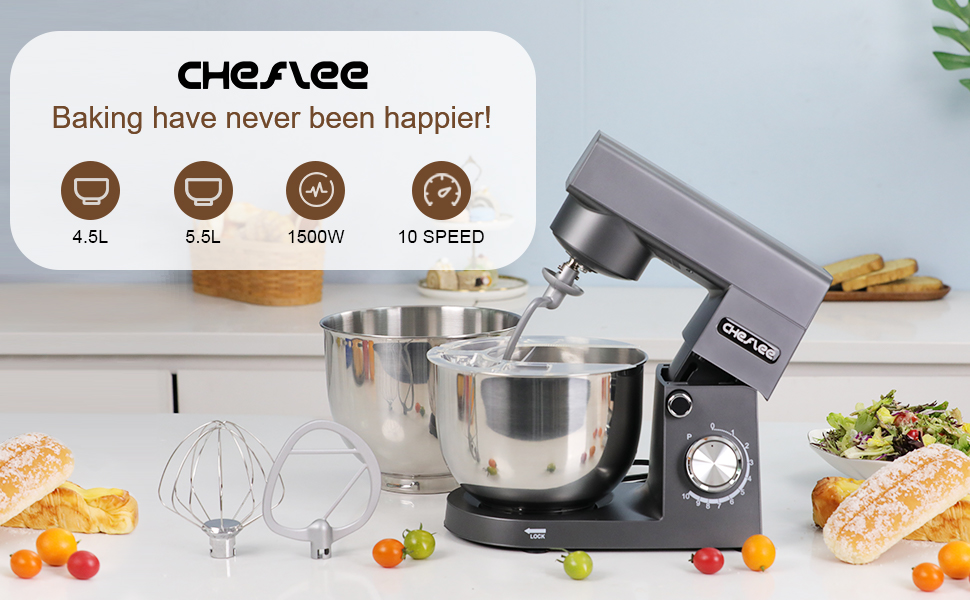Кухонна машина Cheflee 1500W з місткими чашами 4.5 та 5.5л з нержавіючої сталі, 10+ швидкостей, набір насадок (міксер, гак для тіста, вінчик, захист від бризок) (Darkgrey)