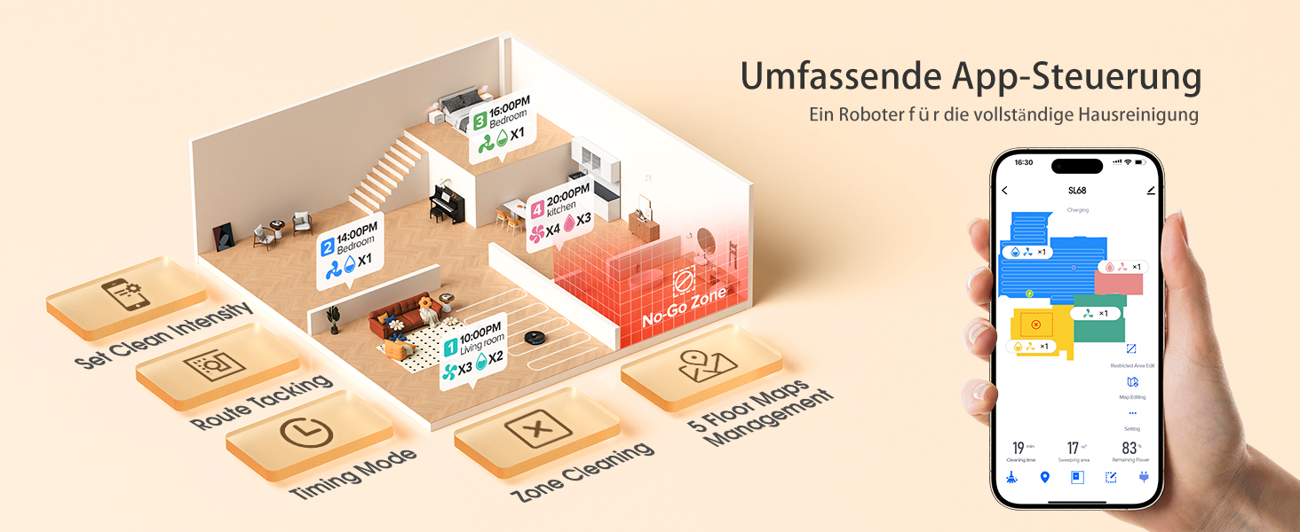 Робот-пилосос Lubluelu SL68 з функцією миття, 5000Pa, лазерна навігація, 54dB, анти-сифон, 150 хв роботи, керування через додаток, 24 зони заборони, чорний