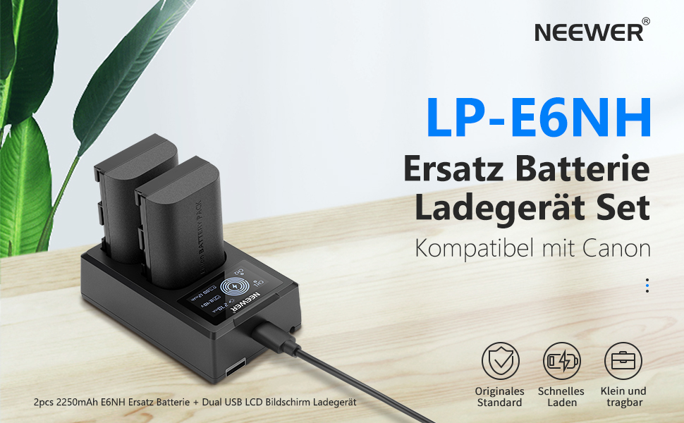 NEEWER Запасний акумулятор та зарядний пристрій LP-E6NH (2 шт.) для Canon EOS R7, R5, R6, 5D III/IV, 6D II, 7D II, 70D, 80D, 90D, 2250mAh, Dual USB, LCD-дисплей