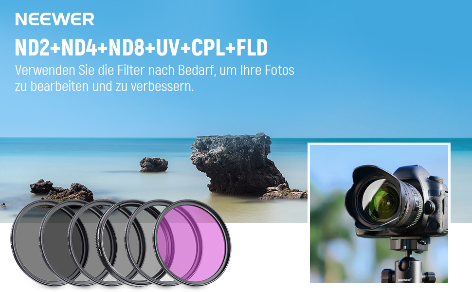 Набір фільтрів Neewer 49mm ND: UV, CPL, FLD, ND2, ND4, ND8, бленда та кришка об'єктива, сумісний з Canon, Nikon, Sony, Panasonic, DSLR