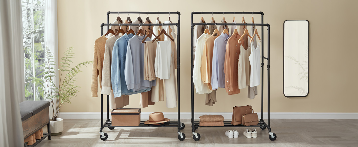 SONGMICS Clothes Rack, Clothes Rail, Coat Rack with 2 Clothes Rails and Shelf, Wheels, Load Capacity up to 110 kg, Industrial Design, for Bedroom, Dressing Room, white HSR060W01 (Black)