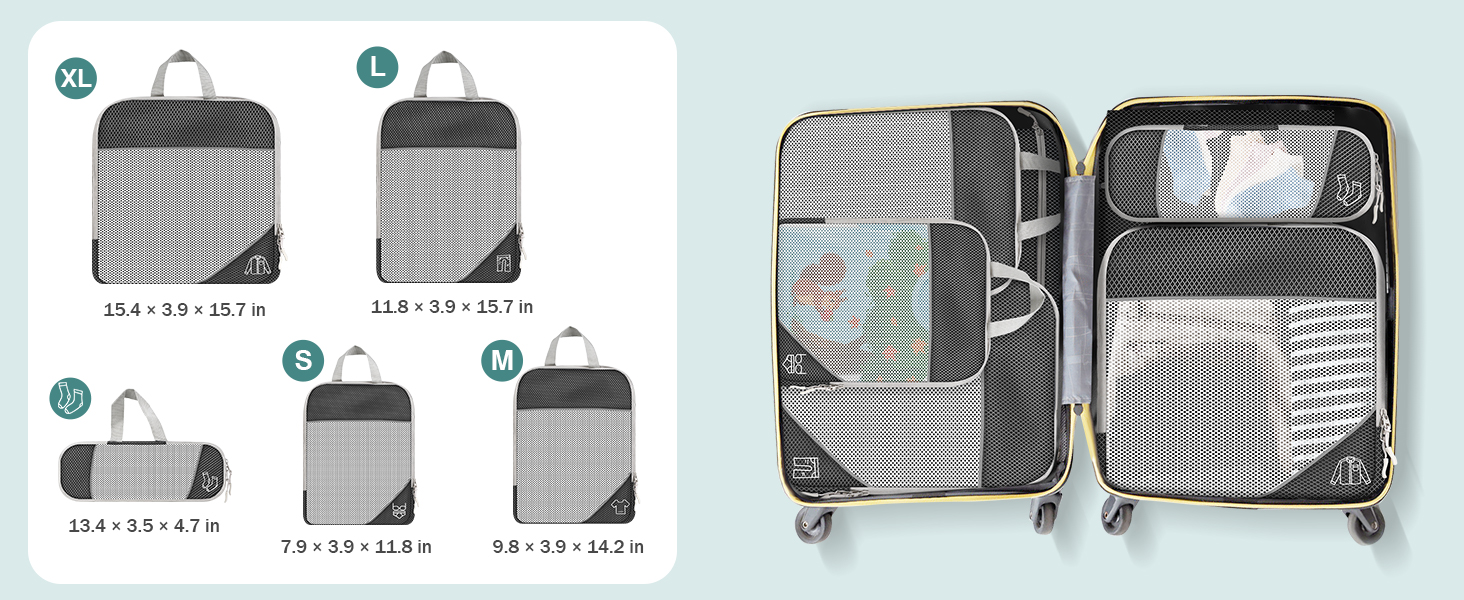 Органайзер для валізи, набір Packing Cubes (9 шт.) з компресією та чохлом для взуття, водонепроникні, дихаючі, сірі (чорні)