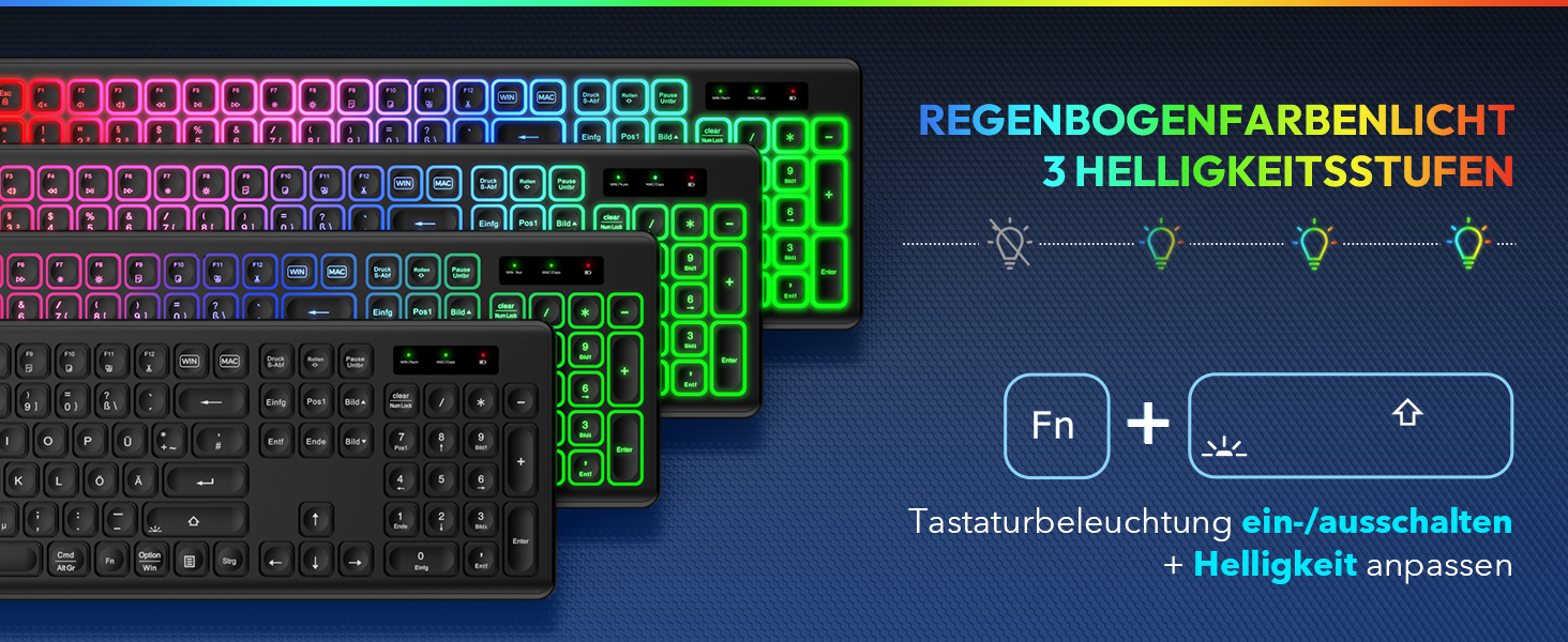 Бездротова клавіатура та миша з підсвічуванням, USB-C, тиха, для Mac/Windows/PC/Laptop, QWERTY (Чорний)