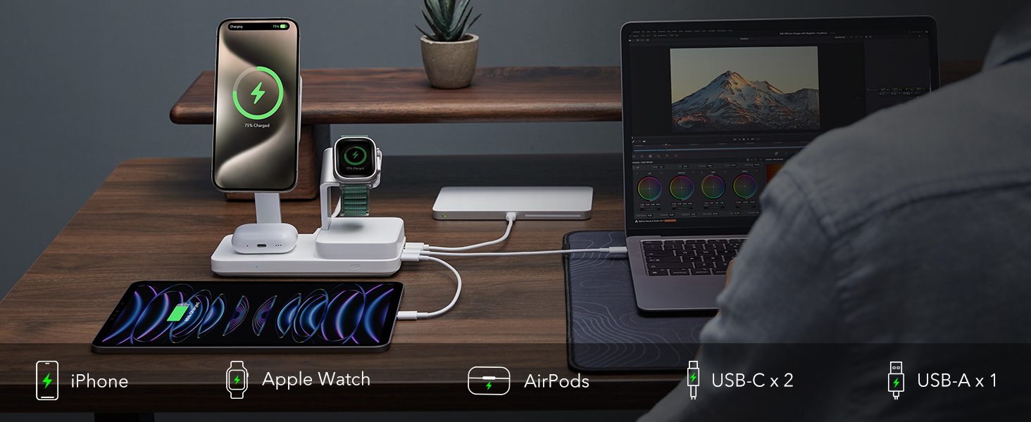 Зарядний пристрій ESR 65W GaN 6-в-1 з підтримкою MagSafe, білий. Сумісний з iPhone 17/16/15/14/13/12, Apple Watch, AirPods та USB A/C пристроями