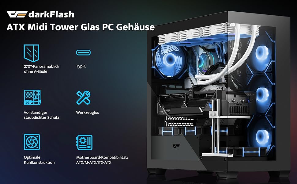 darkFlash DS900: Чорний корпус для ПК ATX Mid-Tower з 4 RGB вентиляторами, підтримка водяного охолодження 360mm, Type-C