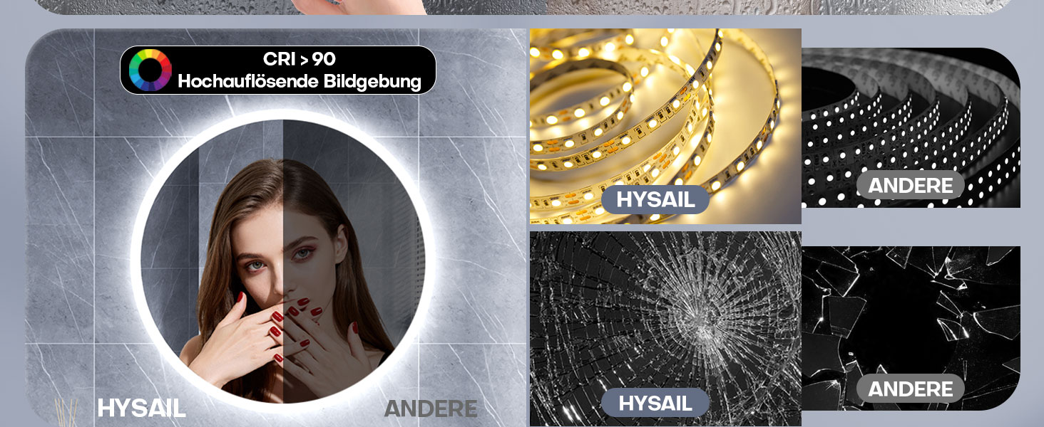 Дзеркало для ванної кімнати HySail з підсвічуванням, 5 мм, високоякісний срібний дзеркало, 3 колірні температури та регульована яскравість, настінне дзеркало з сенсорним вимикачем та антизапарюючим покриттям, кругле (80x80 см)