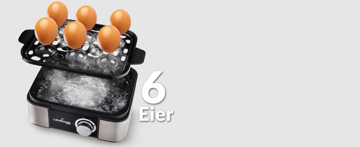 Яйцеварка Lehmann з нержавіючої сталі на 6 яєць - з регулюванням ступеня готовності та звуковим сигналом. 5 програм для ідеальних яєць, мірна склянка та знімач яєць. Сімейна версія.