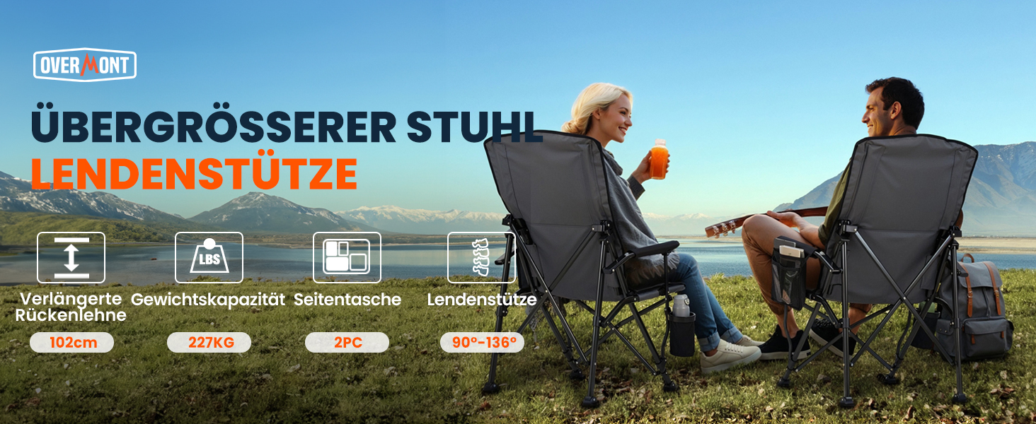 Кемпінговий стілець OVERMONT з високою спинкою, складний, з підголівником - до 226 кг - для пікніка, походу, саду