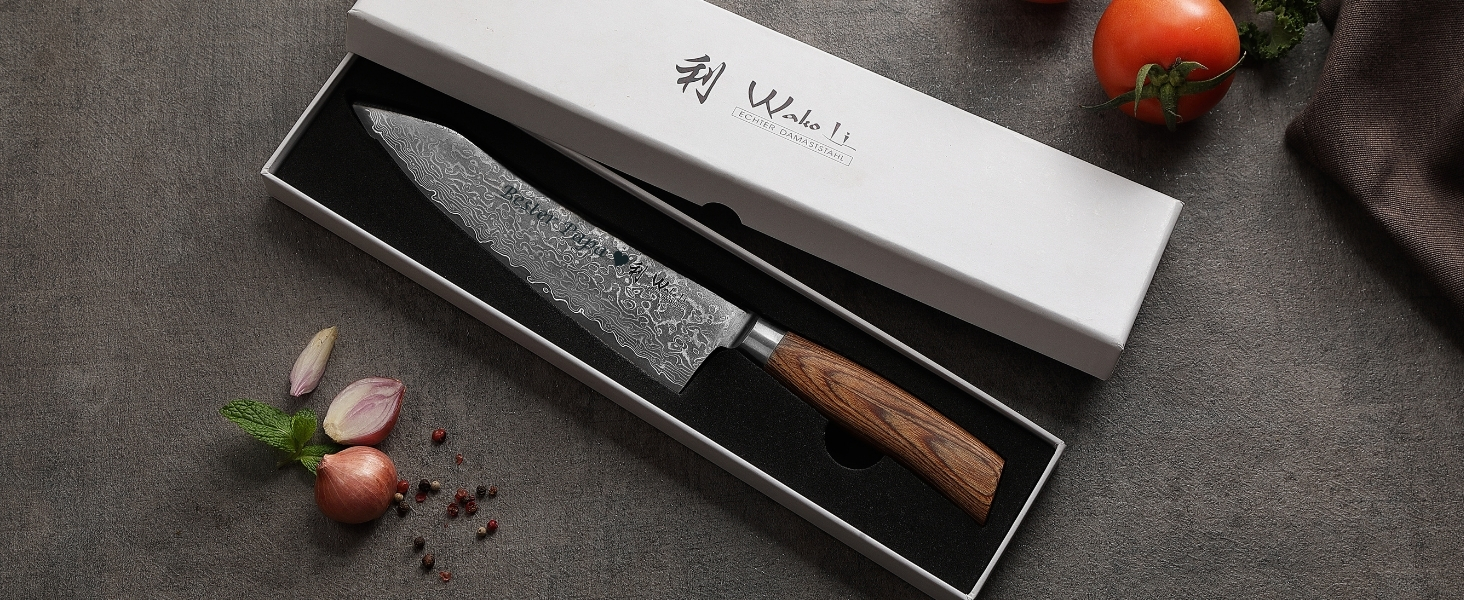 Ніж кухарський Wakoli EDIB Pro Kiritsuke Damast (VG10) 20 см, ручка Pakka, подарункова коробка, гравіювання
