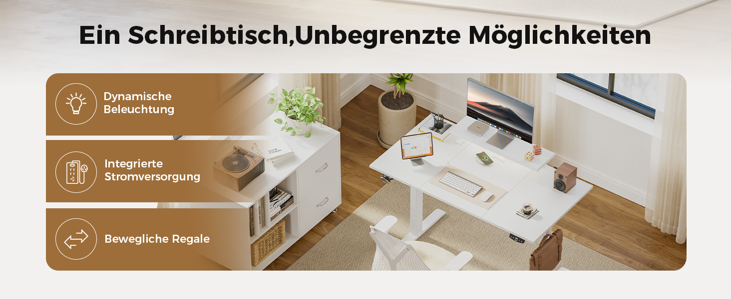 Електричний регульований стіл Agilestic 140x60 см з LED-підсвіткою, USB-портом та мобільним тримачем монітора, білий