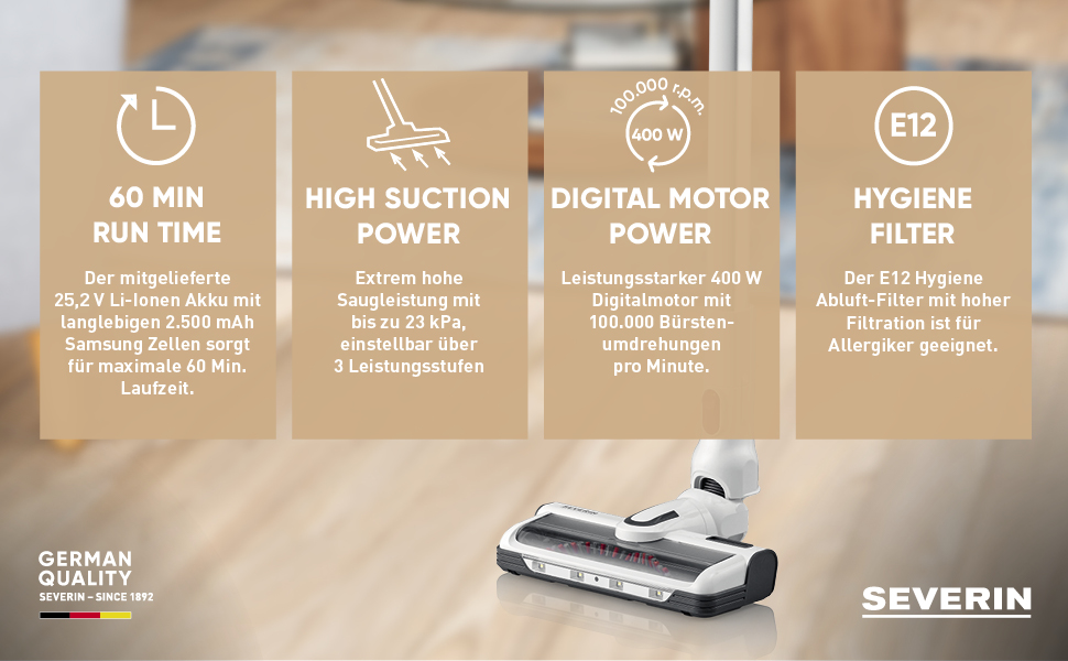 SEVERIN HV 7166: Бездротовий акумуляторний пилосос 2-в-1, 60 хв роботи, для тварин, легкий, без мішка, 400 Вт, білий