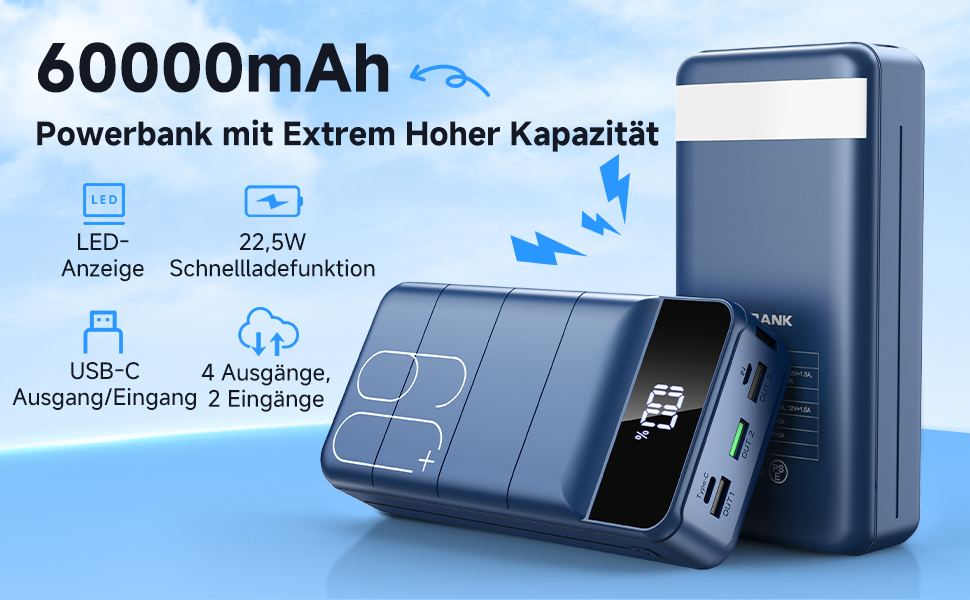 Power Bank 60000mAh 22,5W USB-C: Зовнішній акумулятор для смартфонів, планшетів, блакитний