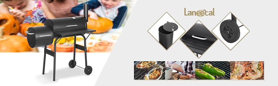 Гриль на вугіллі з кришкою Griller Outdoor, металевий гриль-вагон із колесами та робочою поверхнею, чорний садовий гриль для кемпінгу