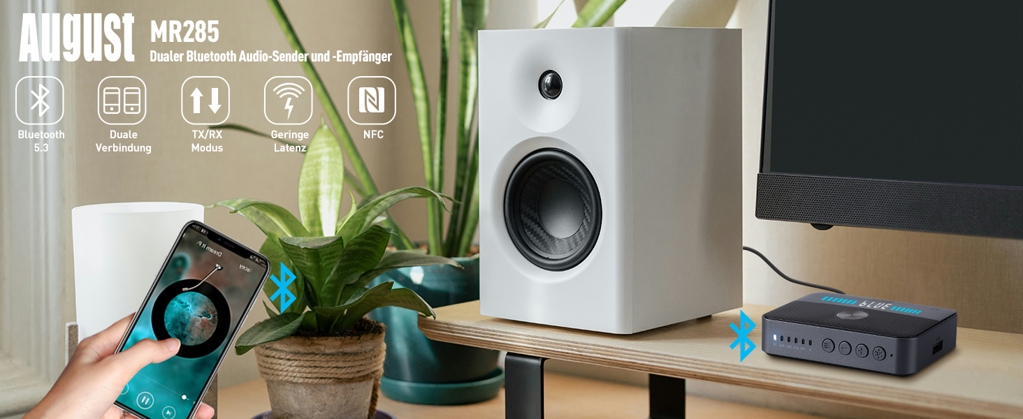 August MR285 Bluetooth 5.3 Аудіо Адаптер: Передавач/Приймач з NFC, Multipoint, AUX, RCA, Оптичний, Коаксіальний, USB для TV, PC, Авто