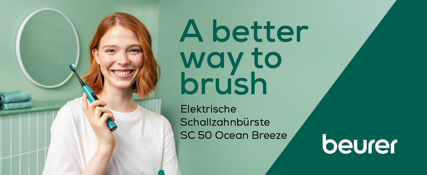 Електрична зубна щітка Beurer SC 50 з 5 режимами чищення та датчиком тиску, 80 000 коливань, дисплей, 2 насадки (Ocean Breeze)