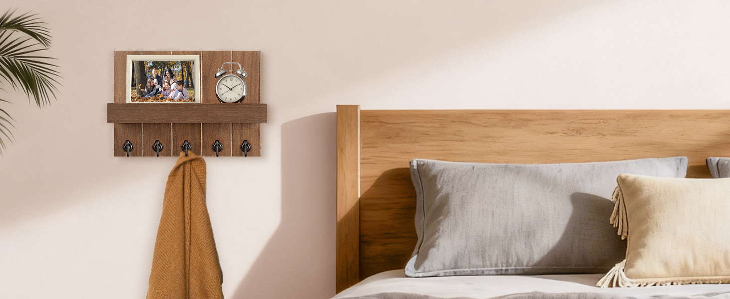 Дерев'яне ключове дощечка з полицею, 5 гачків, для прихожої, спальні, вітальні (колір: коричневий)