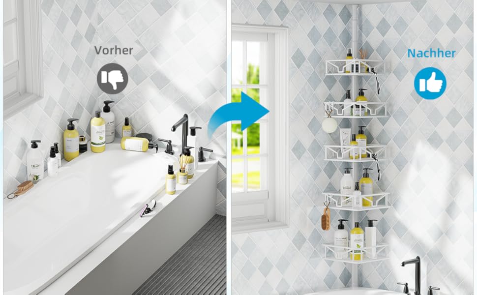 Кутовий телескопічний поличний органайзер для душу Bomclap з 5 кошиками, металевий, регульована висота 106-287 см, для ванни та душу, без свердління, білий