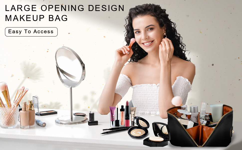 Косметичка для подорожей жіноча, велика містка, з PU шкіри, органайзер для макіяжу, культбагаж, косметичка для аксесуарів у подорожах, чорна гладка