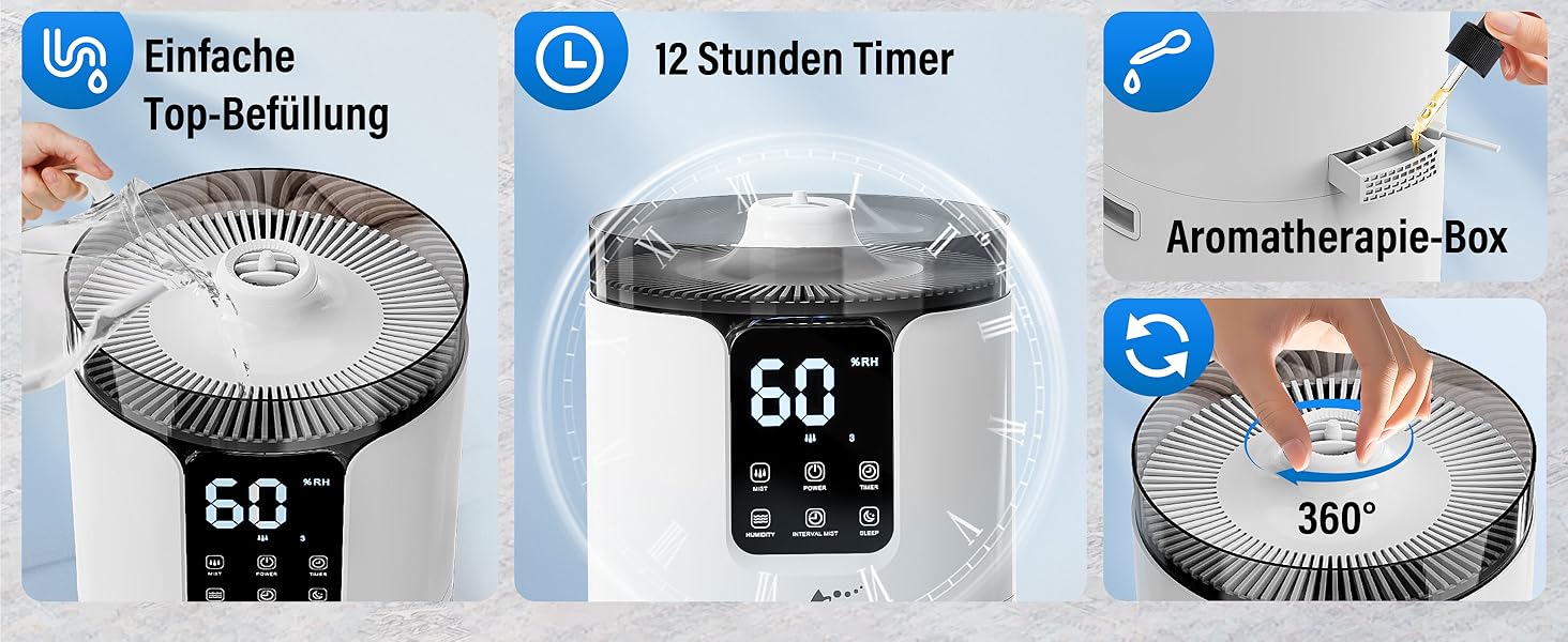 Ультразвуковий зволожувач повітря для великих приміщень 16 л, верхній залив, тихий, 1000 мл/год, до 100 м², з прохолодним туманом та аромадіфузором, для дитячої кімнати, офісу, рослин, білий
