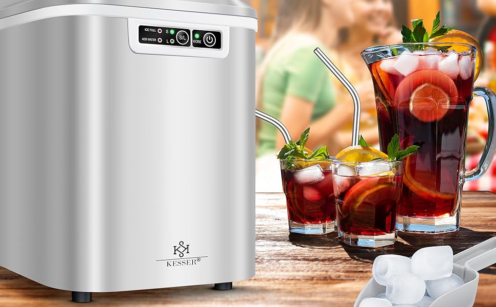 Машина для приготування льоду KESSER® з нержавіючої сталі, 12 кг/24 год, 2,2 л резервуар, LED-дисплей, самоочищення