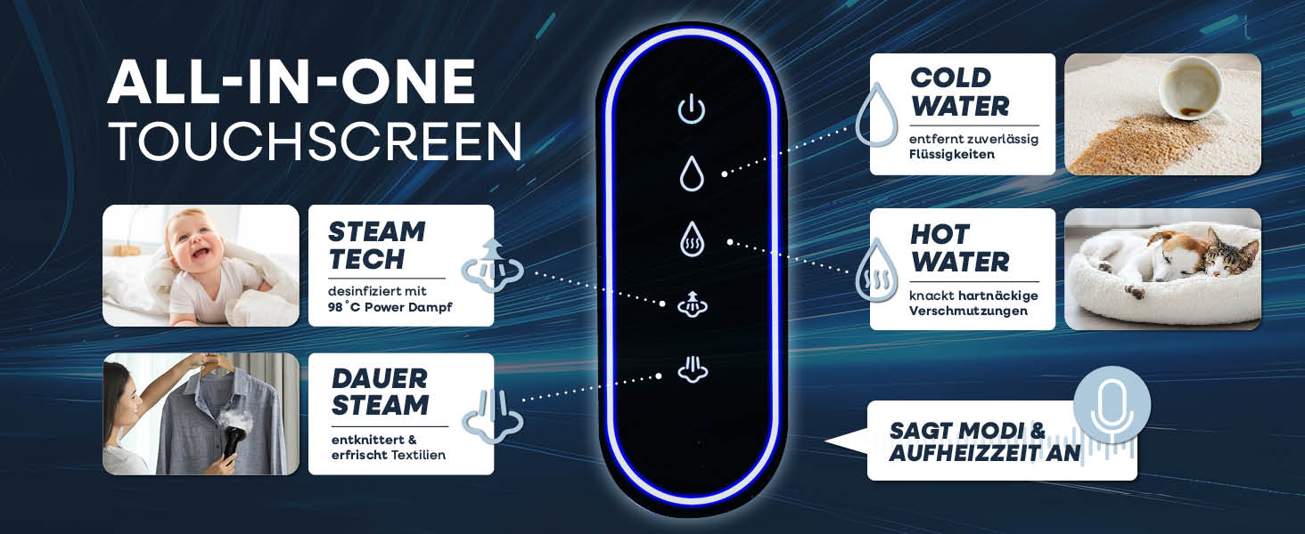 CLEANmaxx Професійний пароочисник для меблів та килимів Pro Steam | 3в1: очищувач для м'яких меблів, точковий очищувач, миючий пилосос | Видаляє плями з килимів, авто, диванів тощо. Чорний Pro Steam Touch, 2000W